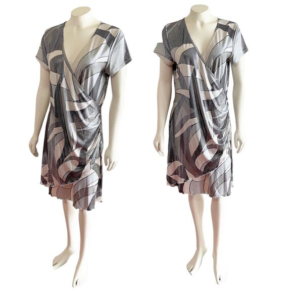 Metrostyle Metallic Pattern Silver Gray Wrap Style Dress Vintage 90s Y2K - Picture 1 of 16